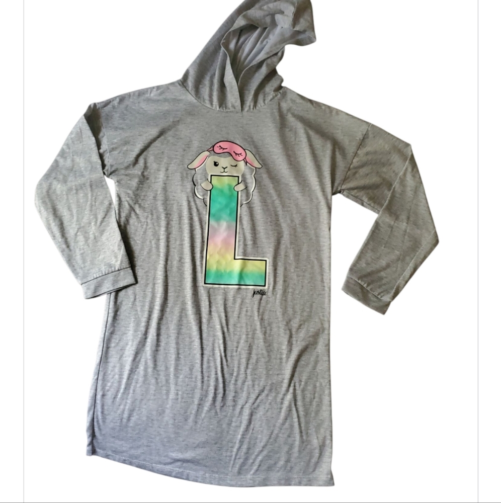 Justice Girls Nightgown Size 12 Bunny Print Long Sleeve Hooded Pajama Gray "L"